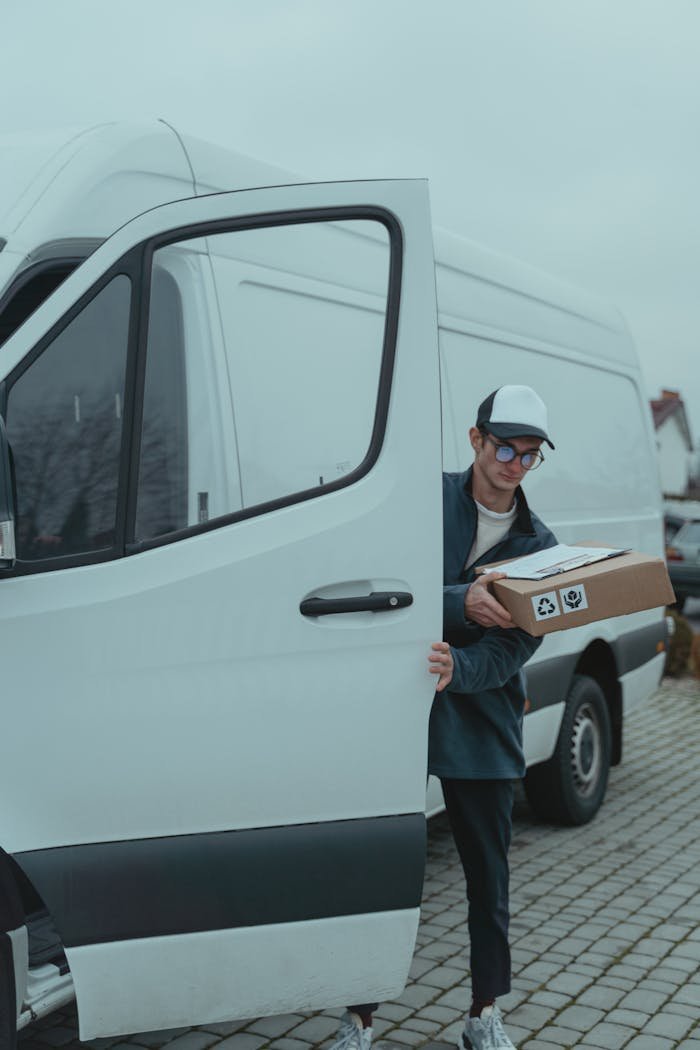 Delivery driver stepping out of van carrying a package on a cloudy day.